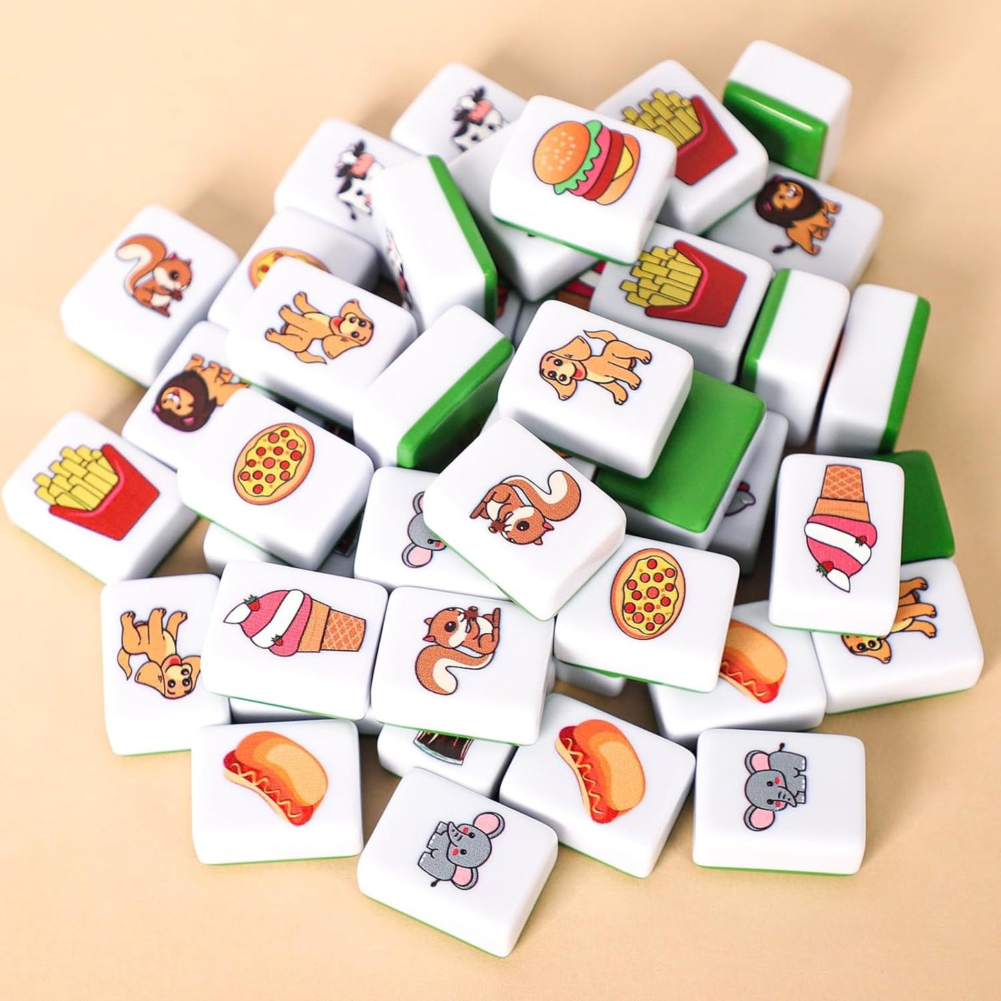 GRACIAS 2 Players Mahjong Block Set, Mahjong Tile Game with 50 Premium Pink Tiles(30mm) Animal and Food Pattern, Portable Mahjongg Set with A Carry Bag
