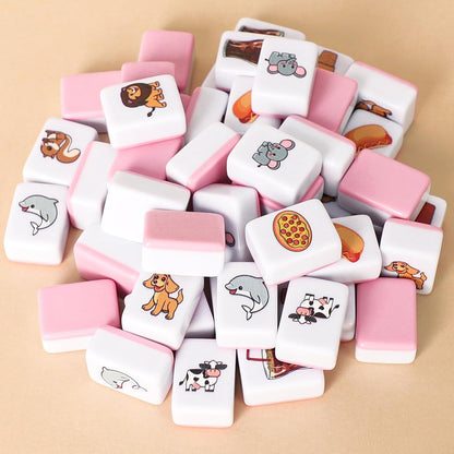 GRACIAS 2 Players Mahjong Block Set, Mahjong Tile Game with 50 Premium Pink Tiles(30mm) Animal and Food Pattern, Portable Mahjongg Set with A Carry Bag
