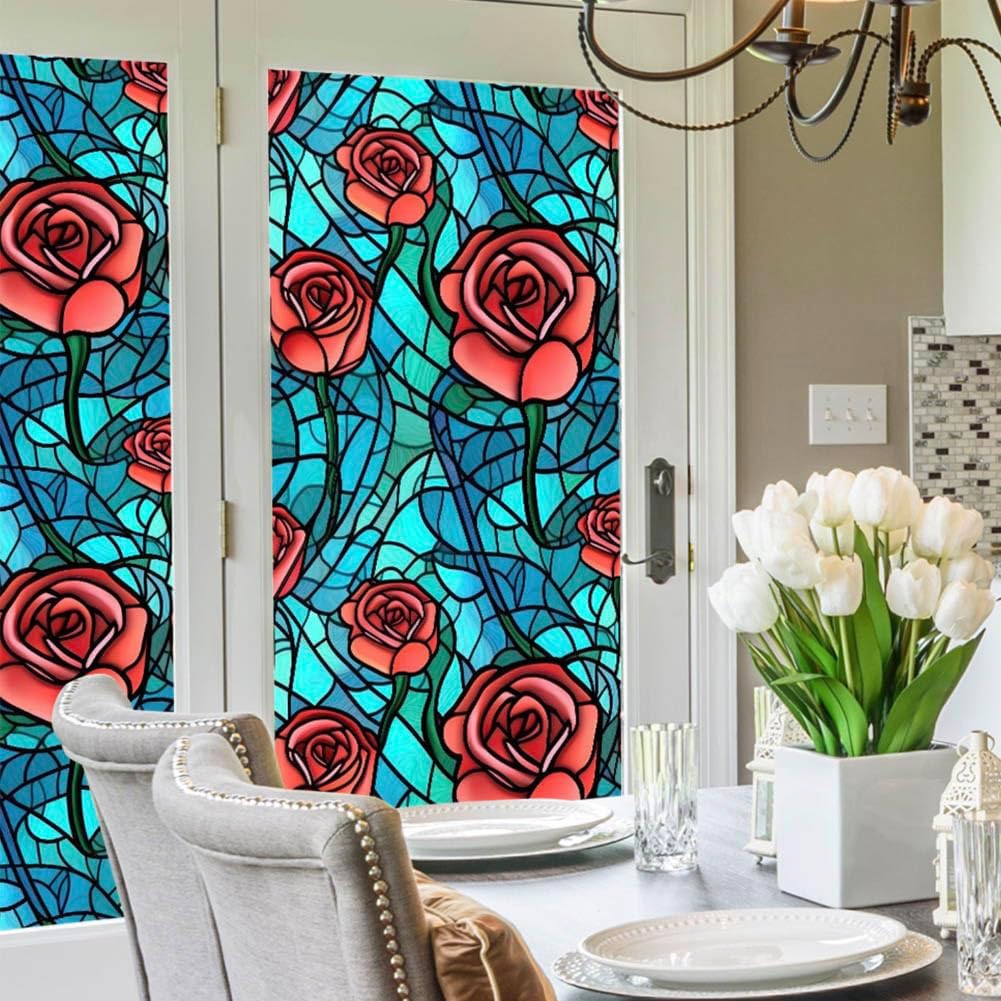 JOONOR Privacy Window Film Stained Glass Window Sticker Non-Adhesive Frosted Glass Film Decorative Magnolia Flower Pattern Static Cling Decals for Home UV Blocking/Heat Insulation 17.7 x 39.4 Inch