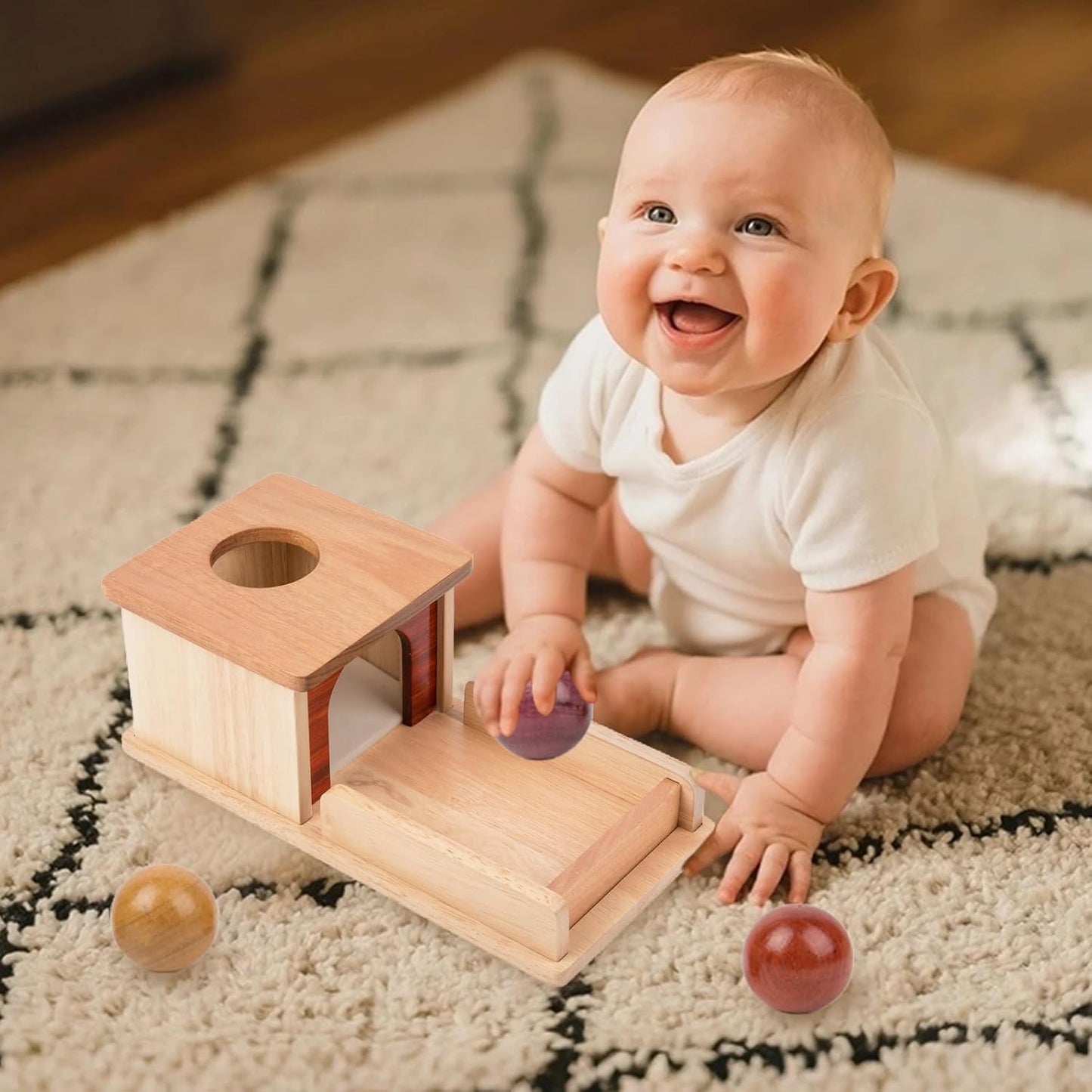 Adena Montessori Wooden Toy for 6-12 Month Baby 3 Balls with Tray, Object Permanence Box Colorful Learning Education Toy for Toddler Kid 1-2 Year Old, Preschool Developmental Girl and Boy Gift