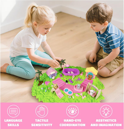 SMILESSKIDDO Sensory Bin - Cat and Dog Play Sand Kit with Green and Red Magic Sand, Pet Sensory Box, Role Pretend Play Beach Toy Birthday Present for Toddler Ages 3 4 5 6 7 8