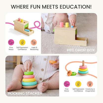 Tiny Land Montessori Toy Set for Babies 7-9 Months Senser Play Kit - 5-in-1 Wooden Learning Toys with Object Permanence Box, Sensory Ball, Stacking Cups and Mirror Puzzle,Body Board Book