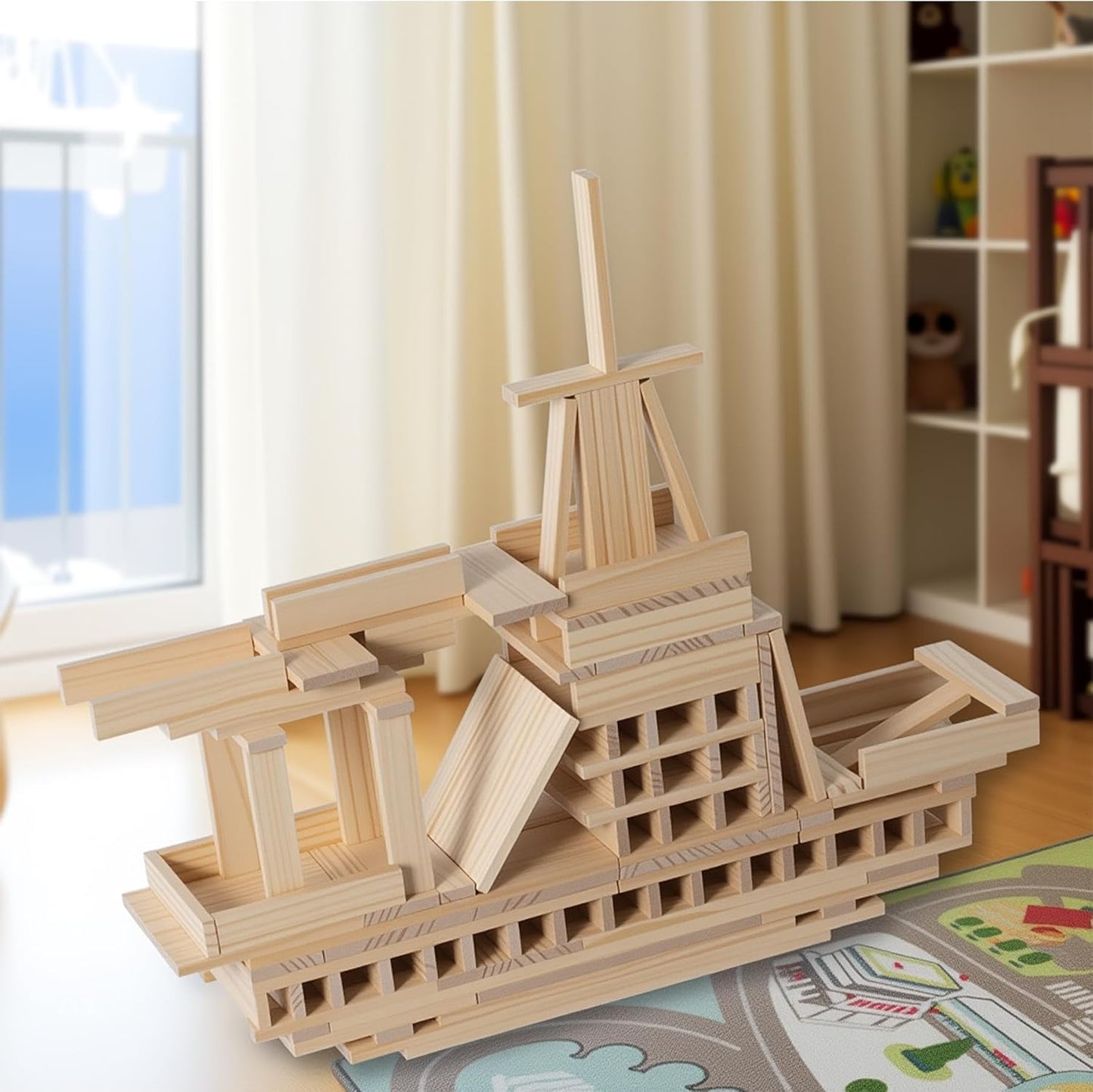 Premium 300 Pcs Natural Wooden Building Blocks for Kids Ages 3-12,Pine STEM Construction Toy - Open-Ended Classic Building Blocks Set for Castles, Bridges & Towers, Educational Learning Gift (4.7 in)