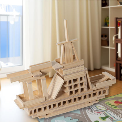 Premium 300 Pcs Natural Wooden Building Blocks for Kids Ages 3-12,Pine STEM Construction Toy - Open-Ended Classic Building Blocks Set for Castles, Bridges & Towers, Educational Learning Gift (4.7 in)