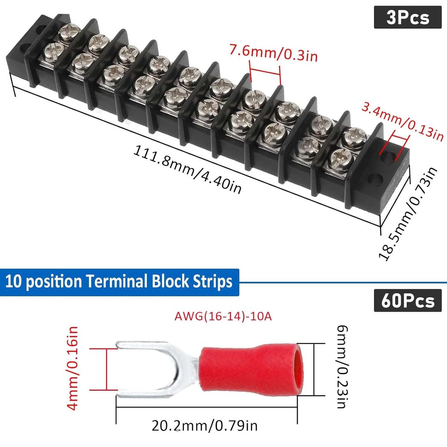 3sets 10 Position Terminal Strips， Dual Screw Terminals Block Strip with 16-14AWG Insulated Fork Wire Connectors for Electrical Wiring