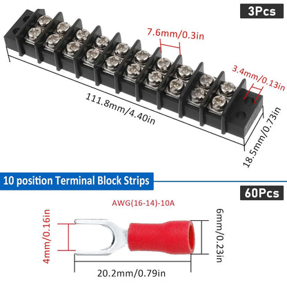 3sets 10 Position Terminal Strips， Dual Screw Terminals Block Strip with 16-14AWG Insulated Fork Wire Connectors for Electrical Wiring