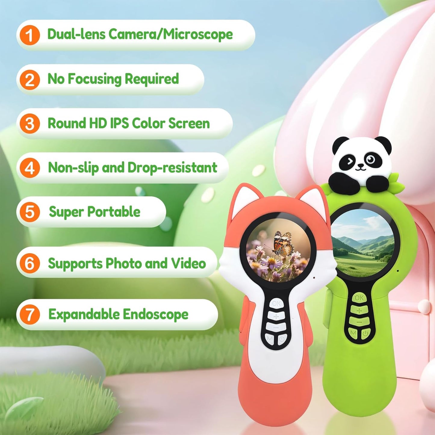 Microscope Camera for Kids Gifts Toys- Handheld Pocket Microscopes with Endoscope and Autofocus Mini Digital Educational Science Kit for Christmas Birthday for Age 3-5 5-7 8-12 Girls Boys, Fox