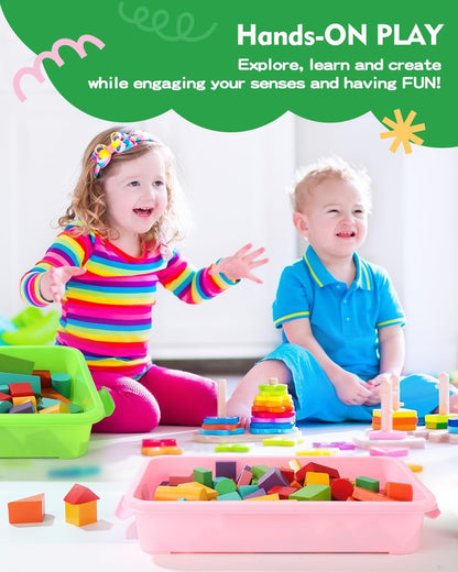 Sensory Bin Sand Tray with Lid for Toddlers 2 Pcs 15in Portable Sandbox Toy Large Plastic Tray for Kids 3 4 5 6 Fill with Sand, Water, Beads, and More (Green+Blue)