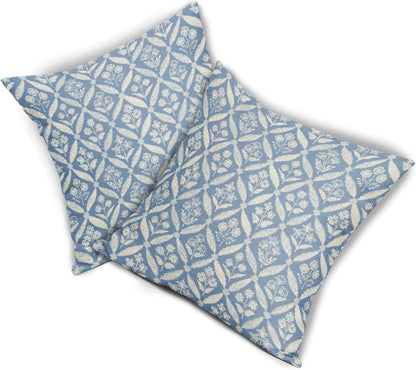 Blue Green Floral Block Print Pillow Covers 12X20 Set of 2, Flower Pattern Spring Summer Print Decorative Throw Pillow Covers Outdoor Farmhouse Seasonal Cushion Case Couch Sofa Bed Decor