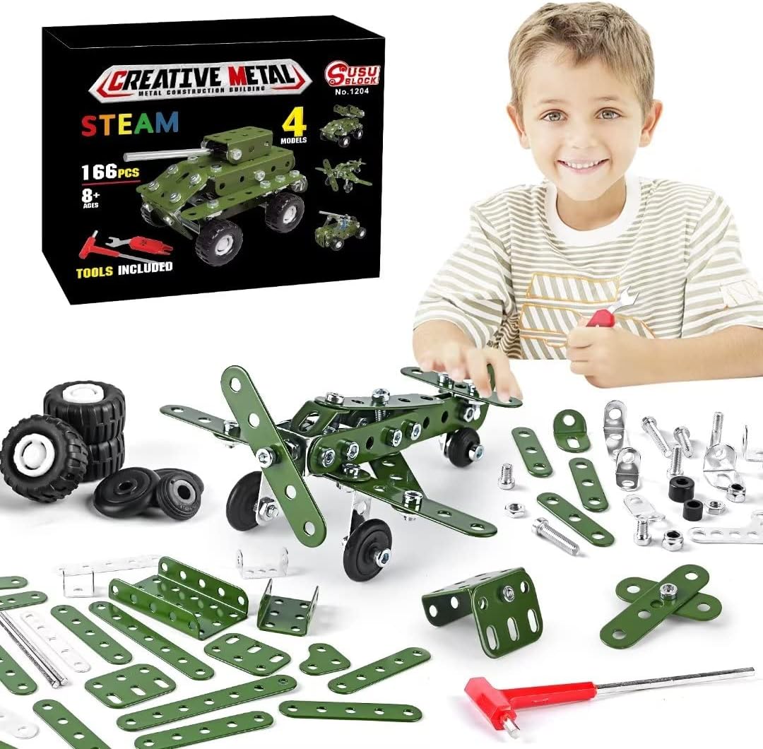 Ferthor Fun 7 in 1 STEM Toys,Creative Set for Boys Age 8-12,Learning Engineering Kids Building Blocks Model Kits,Metal Construction Toys for Kids 8 9 10 11 12+ Year Old(180PCS No Motor)