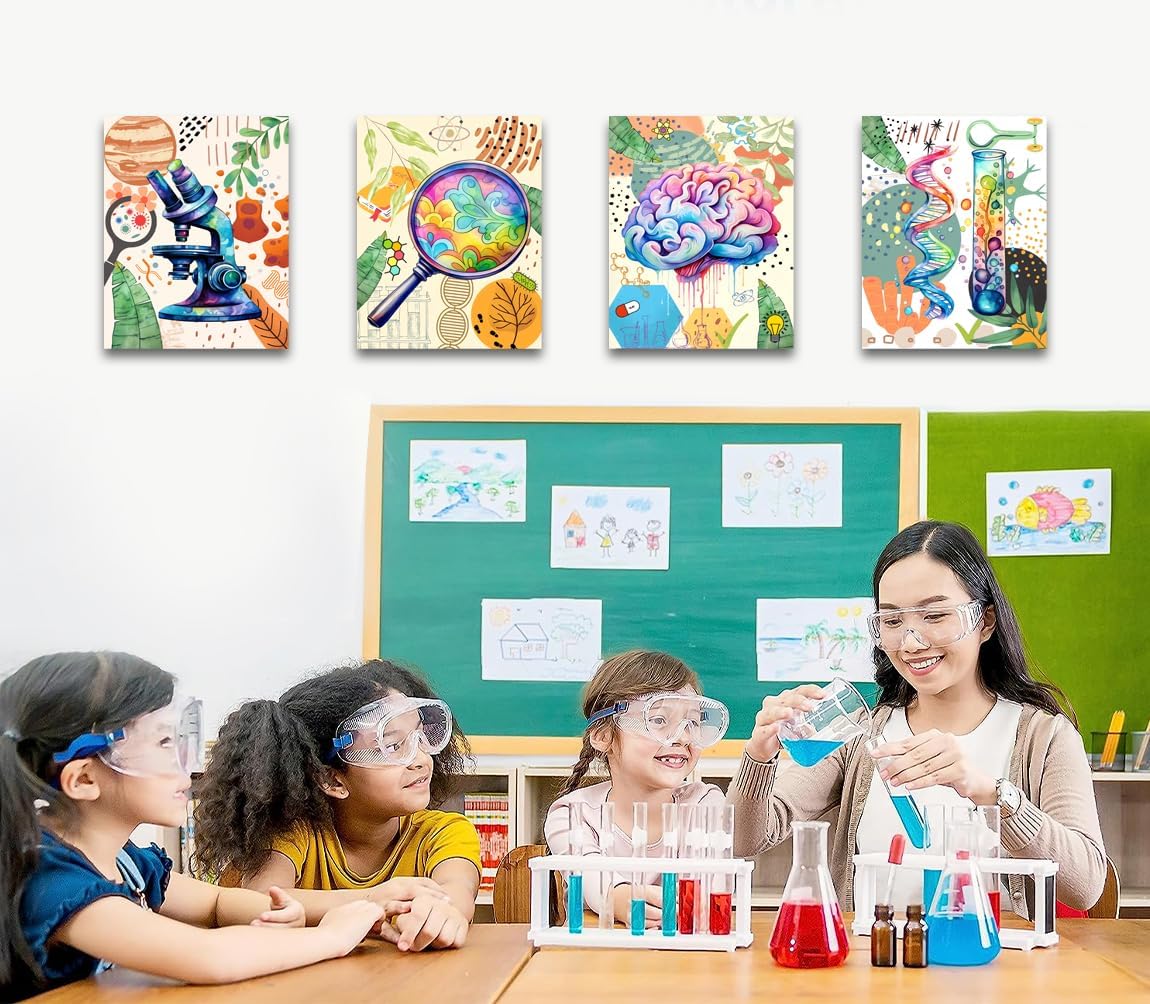 ZHAXFA Science Wall Art Canvas Prints,Biochemical Science Art poster,Microbiology Chemistry Wall Prints,Boho Classroom Wall Art,School Laboratory Decoration Set of 4 (Unframed 8x10 inches)