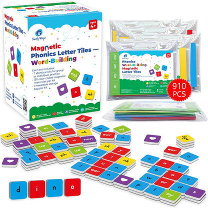 Simply Magic 910 PCS Magnetic Phonics Tiles, Magnetic Letter Tiles for Phonics, Spelling, Phonics Letter Tiles, All-In-One Phonics Manipulatives, Phonics Games for Kids, Reading Manipulatives - 7 Sets