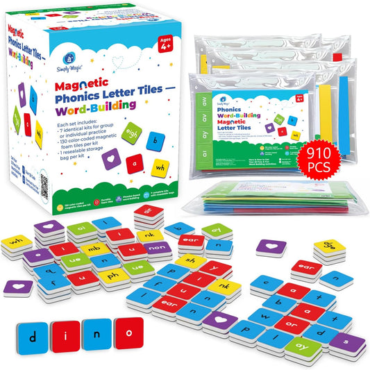 Simply Magic 910 PCS Magnetic Phonics Tiles, Magnetic Letter Tiles for Phonics, Spelling, Phonics Letter Tiles, All-In-One Phonics Manipulatives, Phonics Games for Kids, Reading Manipulatives - 7 Sets