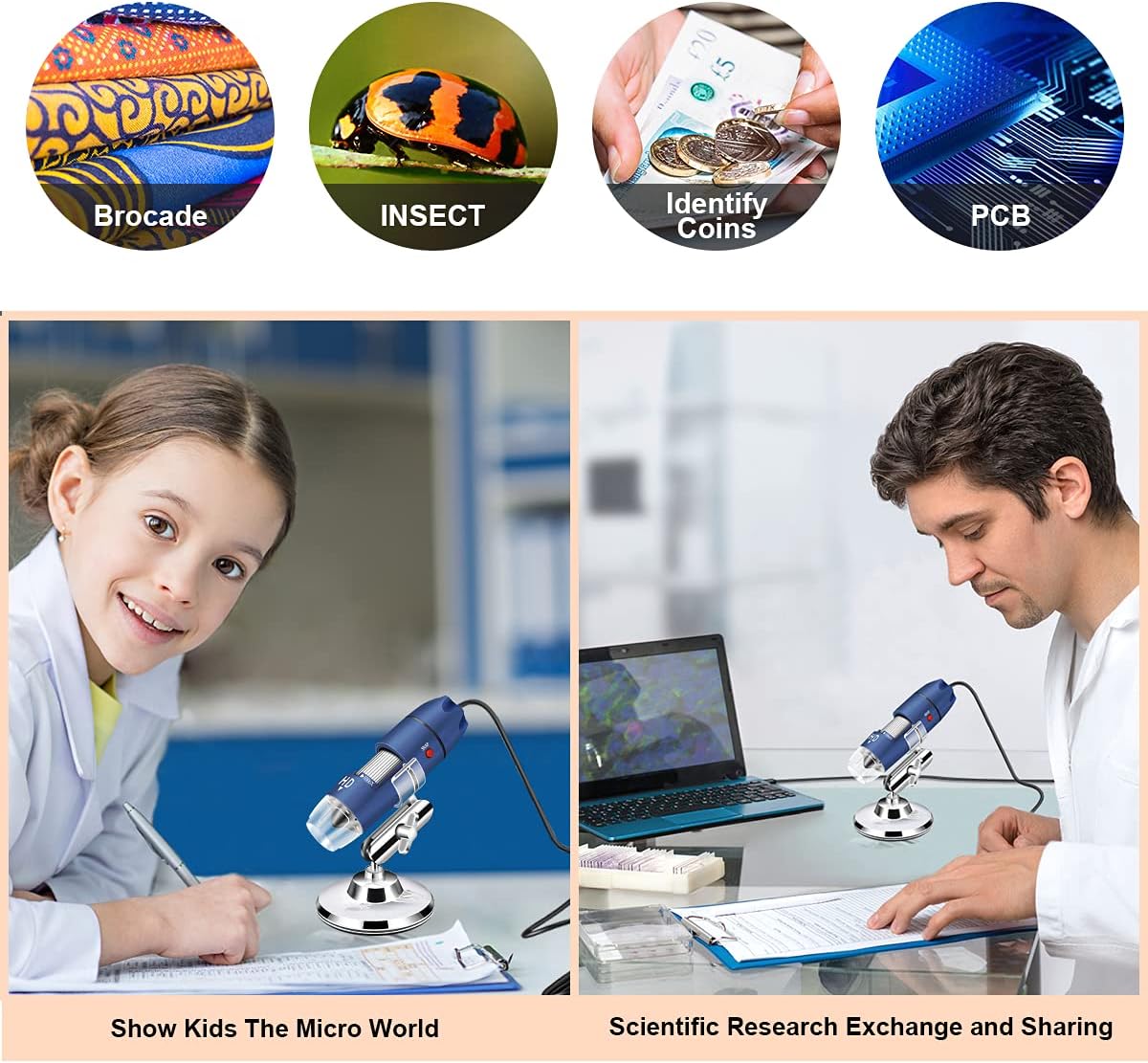 Jiusion 2K HD 2560x1440P USB Digital Microscope for Android Cellphone and Tablet Windows Mac Linux, 40X to 1000X Magnification Endoscope Handheld Mini Magnifier Camera for Coin Facial Skin Scalp