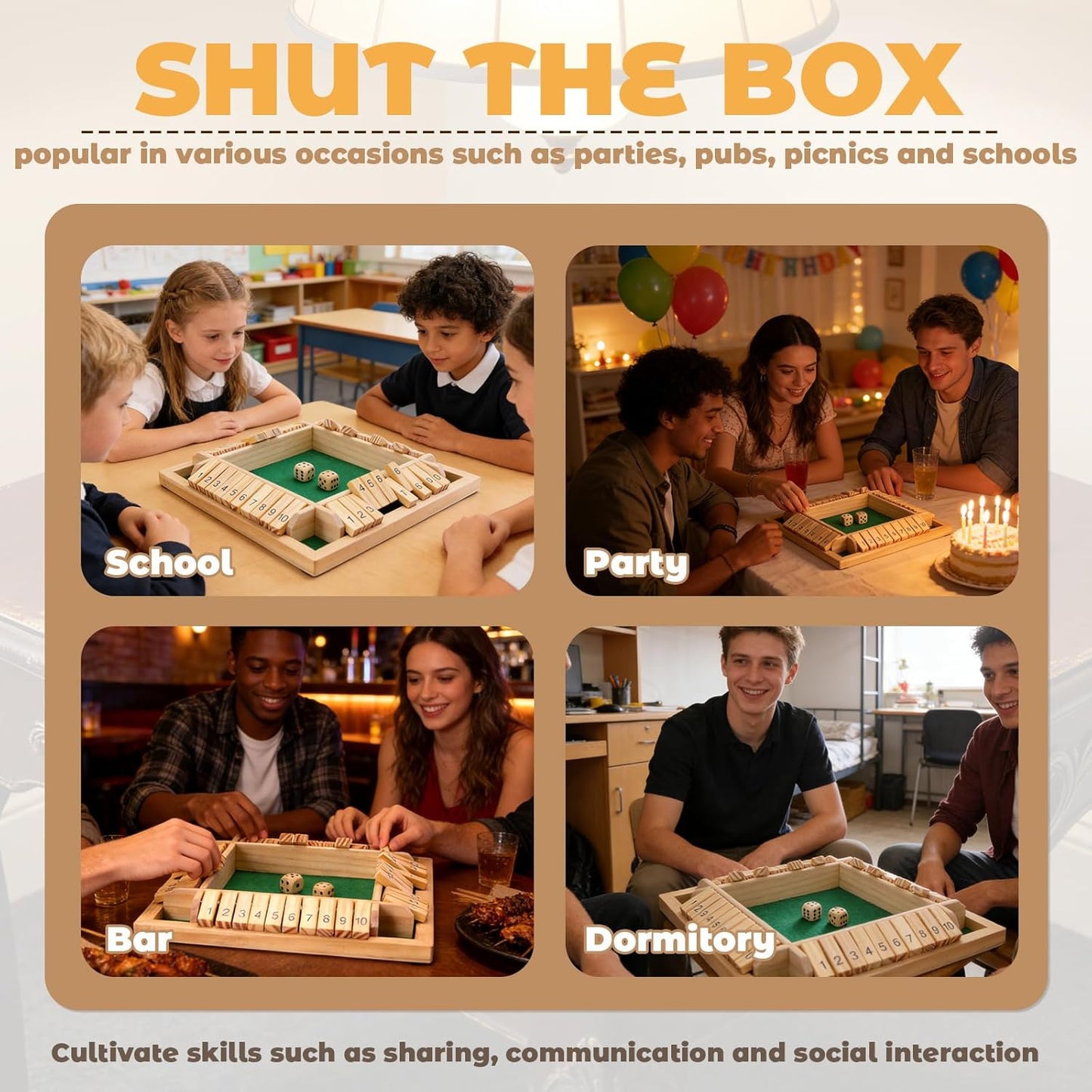 Shut The Box Game, 1-4 Players, Classic 8Dice Closed-Box, Improves Mathematical Skills, Suitable for Families, classrooms, and Gatherings (8.74 * 8.74 inches, Vibrant Colors)