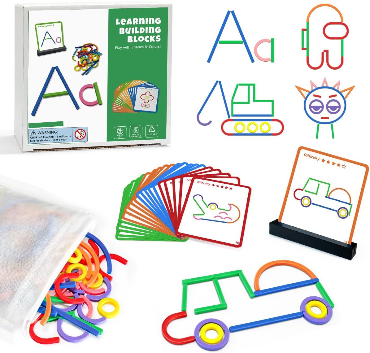 STEM Toys for Creative Learning Sticks & Rings Shape Building Blocks 160PCS Pattern Blocks Puzzle Educational Resources Montessori Toys for Preschool and Kindergarten Girls and Boys Ages 5+