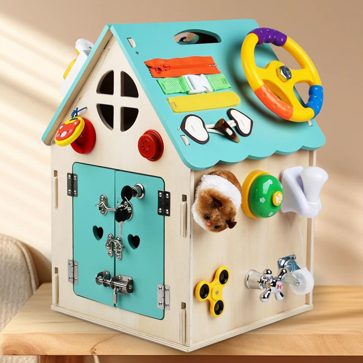 Montessori Wooden Busy House, Life Skills Activity Cube, Toddler Fine Motor Skills & Sensory Toy,Blue
