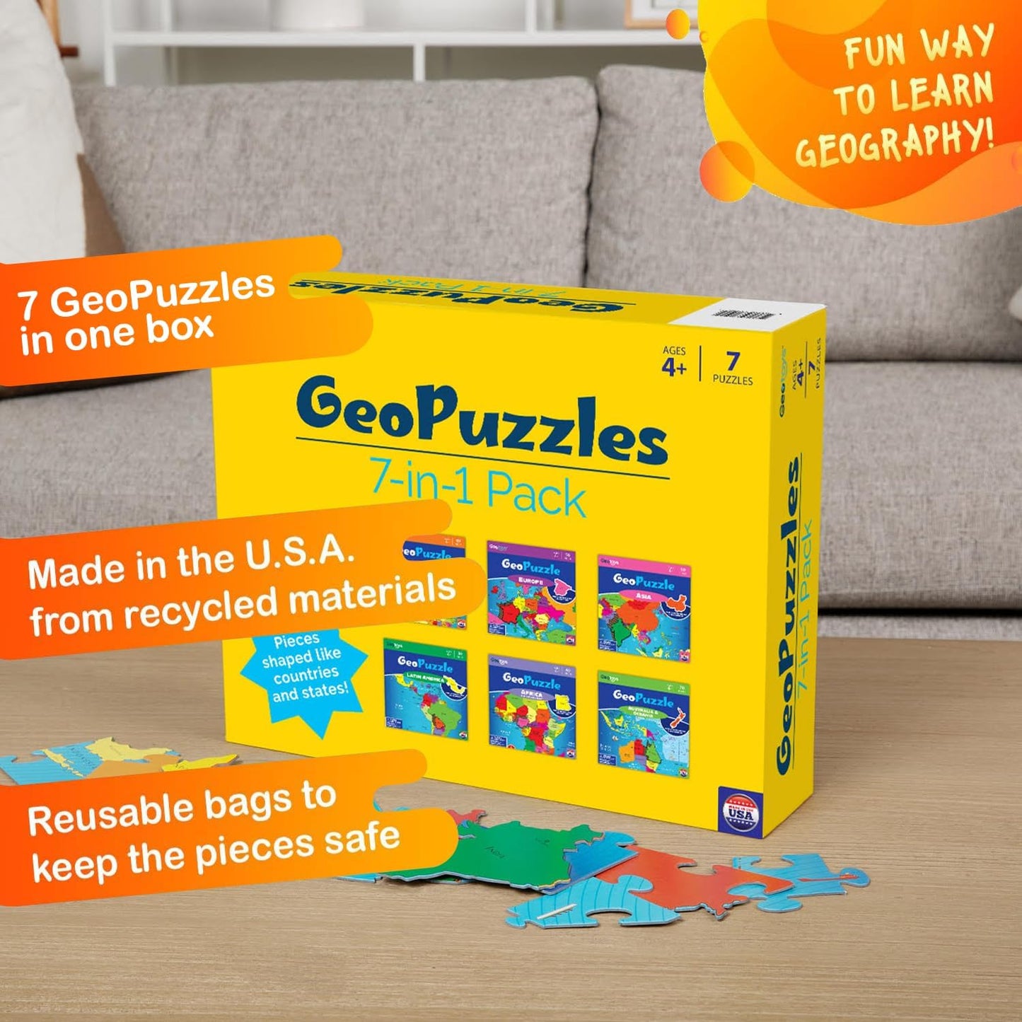 GeoToys GeoPuzzle, World Jigsaw Puzzles, 68 Pc Geography Game & Map Puzzle, Educational Games & Kids Learning Activities, Puzzle Gifts for Children Ages 6-9, Fun Learning Toys for Kids