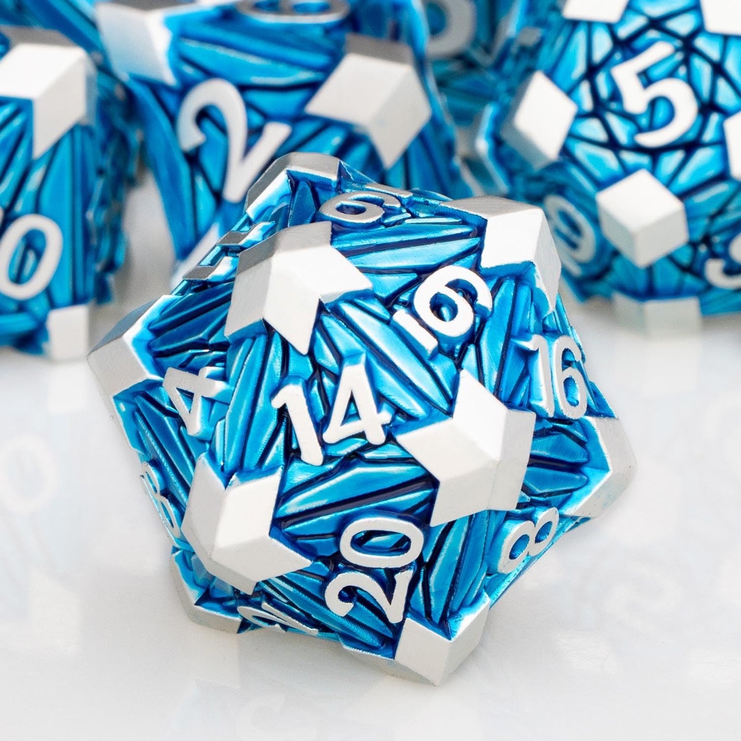 7PCS Metal DND Dice Set with Box, Debris RPG Blue White D and D Dice for D&D Tabletop Games Role Playing Game Polyhedral Dice Set D20 D12 D10 D8 D6 D4