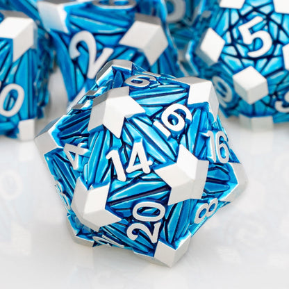 7PCS Metal DND Dice Set with Box, Debris RPG Blue White D and D Dice for D&D Tabletop Games Role Playing Game Polyhedral Dice Set D20 D12 D10 D8 D6 D4