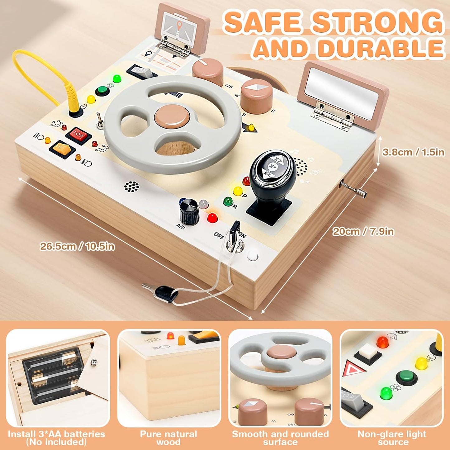 Joyreal Wooden Busy Board with LED Light, Montessori Toddler Toys, Wooden Sensory Board, Toddlers Activity Travel Toys for Boy & Girl Birthday Gift (Farm Theme)