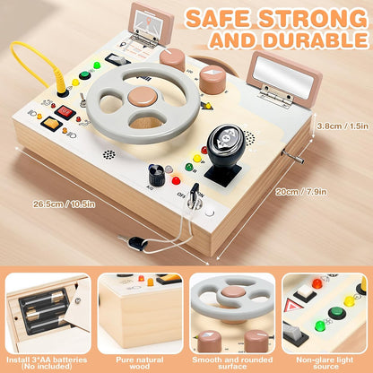 Joyreal Wooden Busy Board with LED Light, Montessori Toddler Toys, Wooden Sensory Board, Toddlers Activity Travel Toys for Boy & Girl Birthday Gift (Farm Theme)