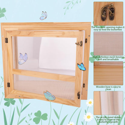 Yohsnor Butterfly Habitat - 20x18 Inch Wooden Monarch Enclosure for Caterpillar Growth & Hatching - Durable Outdoor Insect Observation Station with Safe Professional Mesh - Educational Butterfly Kit