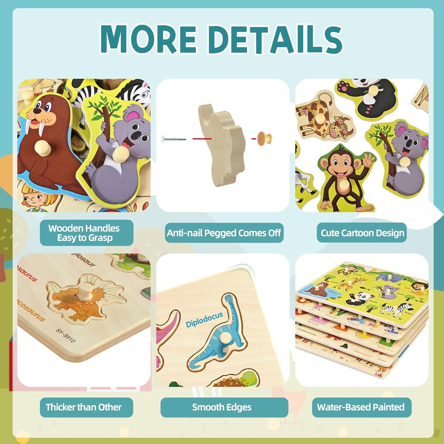 Wooden Peg Puzzle for Toddlers 2-4, 5 Pack Montessori Toys Learning Educational Puzzles for Kids Girls Boys 2 3 4 Yesrs Old with Dinosaurs Farm Animal Number