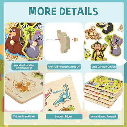 Wooden Peg Puzzle for Toddlers 2-4, 5 Pack Montessori Toys Learning Educational Puzzles for Kids Girls Boys 2 3 4 Yesrs Old with Dinosaurs Farm Animal Number