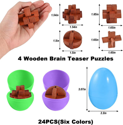 GOLDGE 24 Pack Easter Eggs Filled with Brain Teaser Puzzle Set for Adults & Kids, Ancient Wooden & Metal 3D Puzzles, IQ Logic Games for Easter Basket Stuffers & Party Favors, Egg Hunt, Family Fun