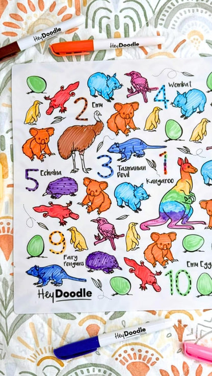 HeyDoodle Into The Wild Classic Doodle Mat – Reusable Silicone Alphabet Coloring Mat for Toddlers and Kids – Educational Animal Activity Pad with 9 Markers – Mess-Free Travel Toy – Ages 3-7