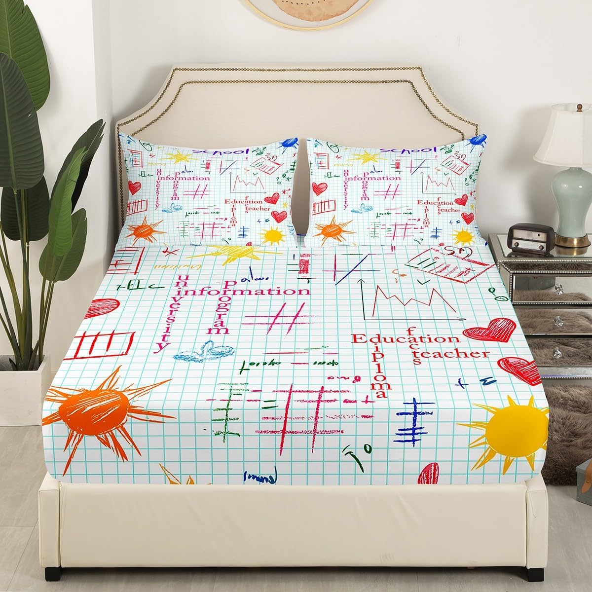 Erosebridal Science Theme Bed Sheets Set Full Size for Boys Girls Chemistry Periodic Table Print Sheet Set Chemical Subject Theme Sheets Teens Kids Math Science Atyle Fitted Sheet 4 Pcs
