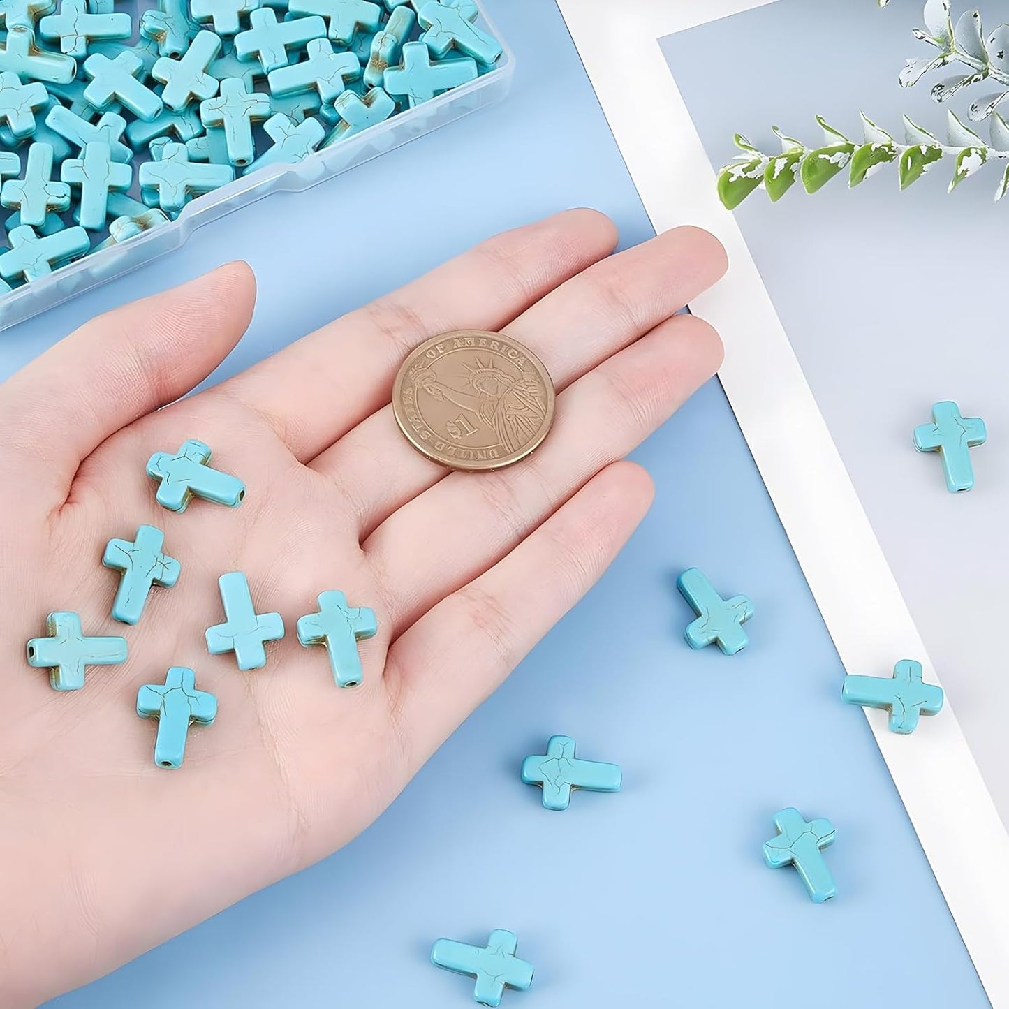 100pcs Blue and White Turquoise Cross Spacer Beads 8x10mm Semi Precious Stone Bead Easter Cross Gemstone Loose Beads for Jewelry Making Charms Beading Bracelets Necklaces Earrings Crafts
