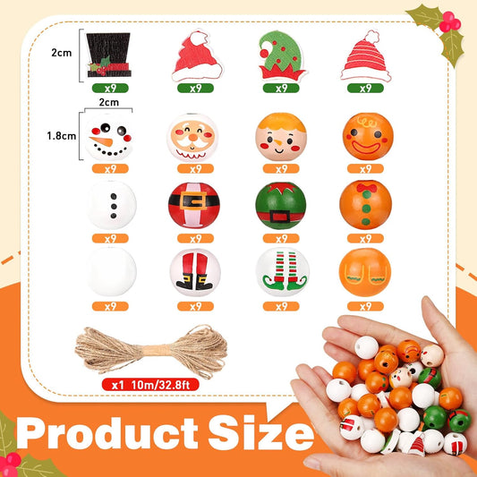 Christmas Wood Beads for Crafts DIY Ornaments,144 Pcs Premium Wooden Beads Garland with Twine, Santa, Snowman Elf Charms - Adult Kids Craft Kits for Xmas Decor, Holiday Party Supplies