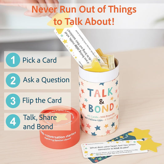 TALK & BOND Family Conversation Starter for Kids Ages 3–6 | 300 Questions + 180 Follow-Ups | Screen-Free Social Emotional Learning (SEL) Game for Family Dinner, Bedtime & Travel