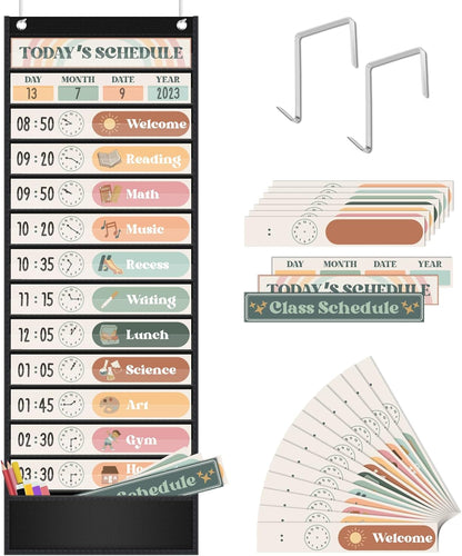 Godery Boho Daily Schedule Pocket Chart for Classroom with 24 Cards，Welcome Back to School Classroom Decorations, White