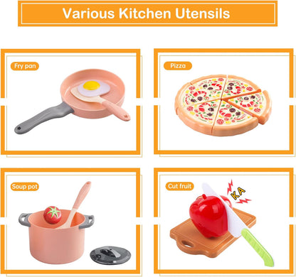 150Pcs Kitchen Playset, Toddlers Pretend Cooking Cookware Accessories, Food, Picnic Blanket, Fruits, Veges, 2Pack Shopping Storage Basket, Dessert and Prop Money, Gift for Kids (Pink)