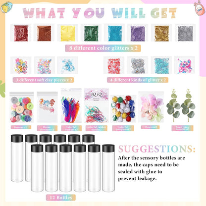 Arrowbash 12 Pcs Sensory Bottles Kits for Toddlers 1-3 Kids 400 ml Plastic Calming Bottles Empty with Lid Calm Down Jar Kit Filler Glitters Sequins Weather Containers for Relieving Anxiety Disturbed