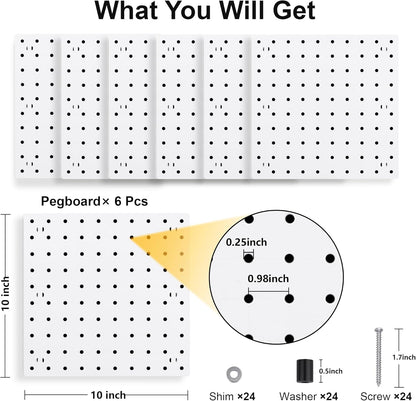 4Pcs Peg Board Panels, White ABS Pegboard Wall Mount, Easy Installation for Craft Room, Garage, Kitchen, Workshop
