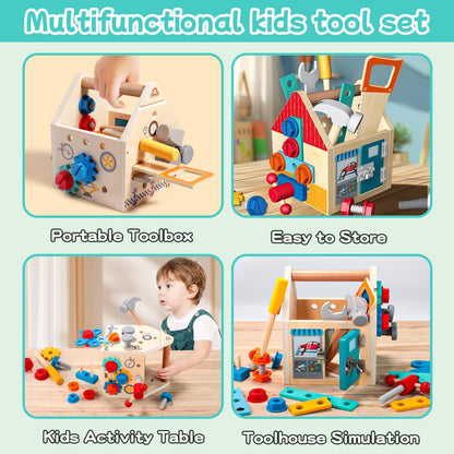 GAIETYDIY Toddler Tool Set - 33 PCS Wooden Kids Tools with Box/Bench/Tool House, Montessori Educational Pretend Play Preschool Toys Gifts for 3 Year Old Boy Girl Kids, STEM Fine Motor Skills Tool Set