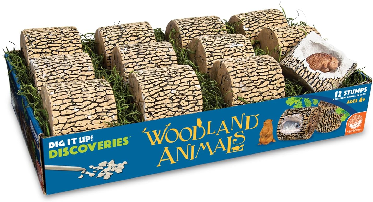 MindWare Dig it Up! Woodland Animals Excavation Kit - Educational Toys for Kids 4 and Up - Dig Kit with 12 Stumps, 12 Animal Figurines, 12 Chisels - Group or Classroom Activities & Birthday Parties