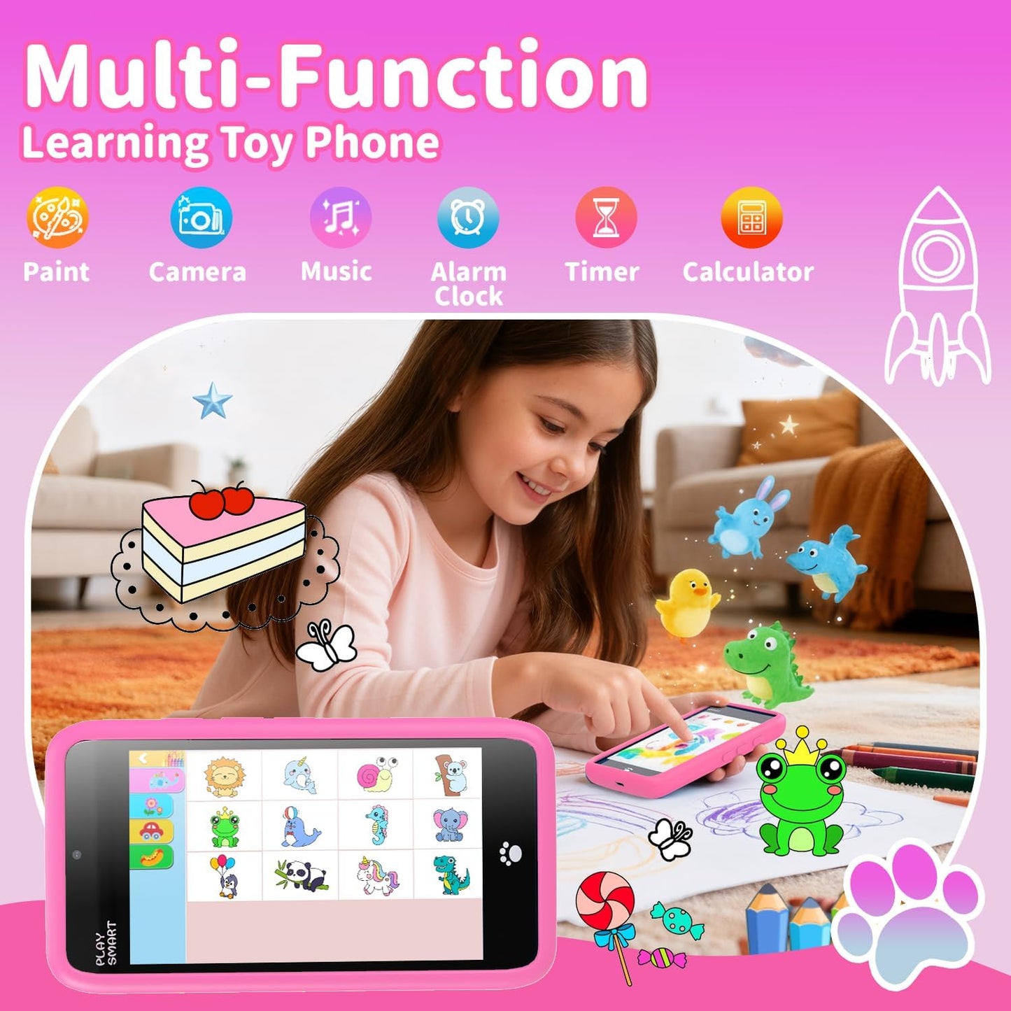 MOMILLA Kids Smart Phone Toys for Girls, 3.97” Touchscreen, Dual Cameras with Stickers, 200+ Games & 16GB Storage, Christmas Birthday Gifts for Kids Age 3-10, Educational Mini Toddler Play Phone Toy