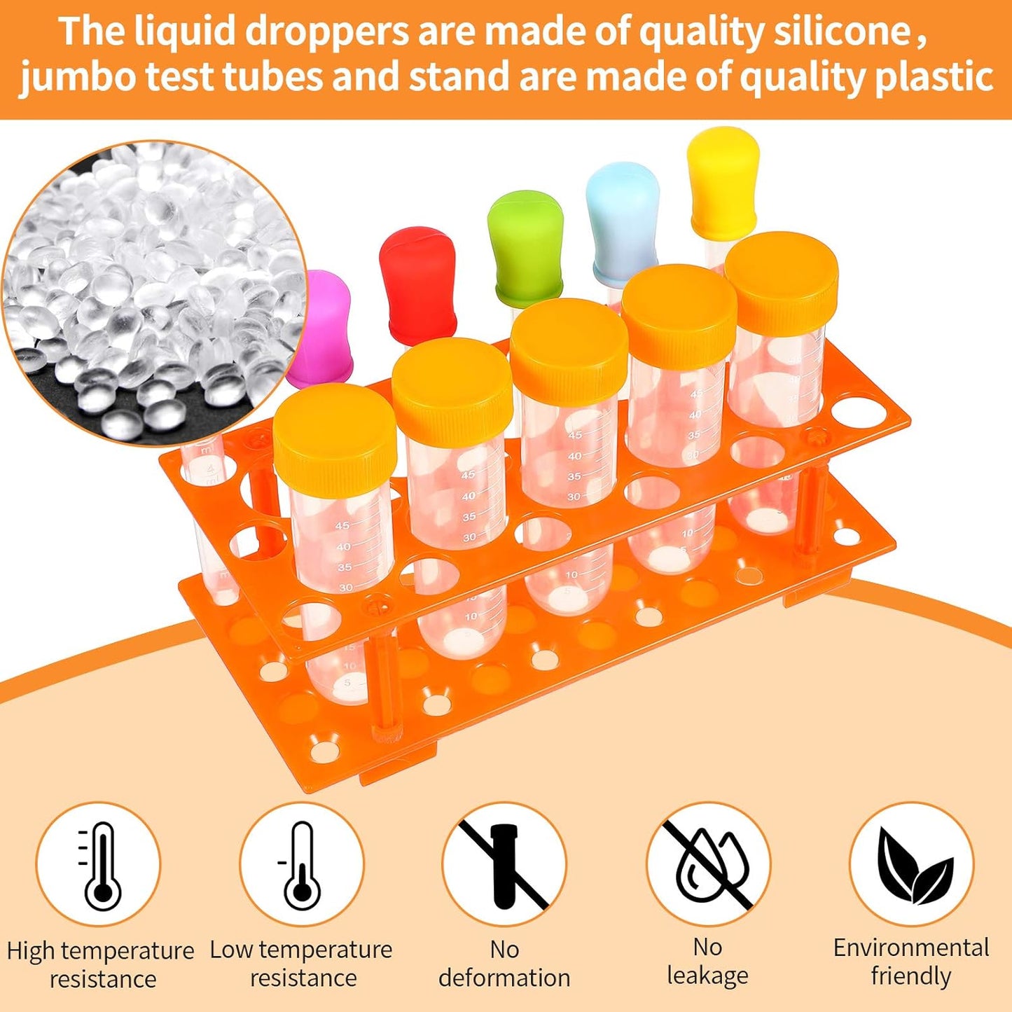 Weewooday 12 Pieces Jumbo Test Tubes with Stand Set, Primary Science Including 5 Jumbo Test Tubes, 6 Pieces Liquid Droppers Silicone and 1 Piece Storage Stand, Multi Color, Ages 6 and Above
