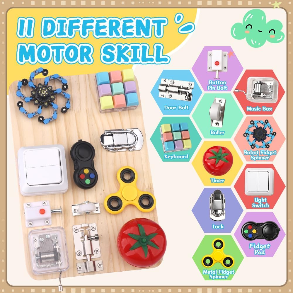 Busy Board for Toddler Kid Early Development, Fidget Sensory Learning Motor Skills Montessori Toy for Age 3 4 5, Busy Pad Fidget Spinner Travel Toy Birthday Gifts Educational Activities for Boy Girl
