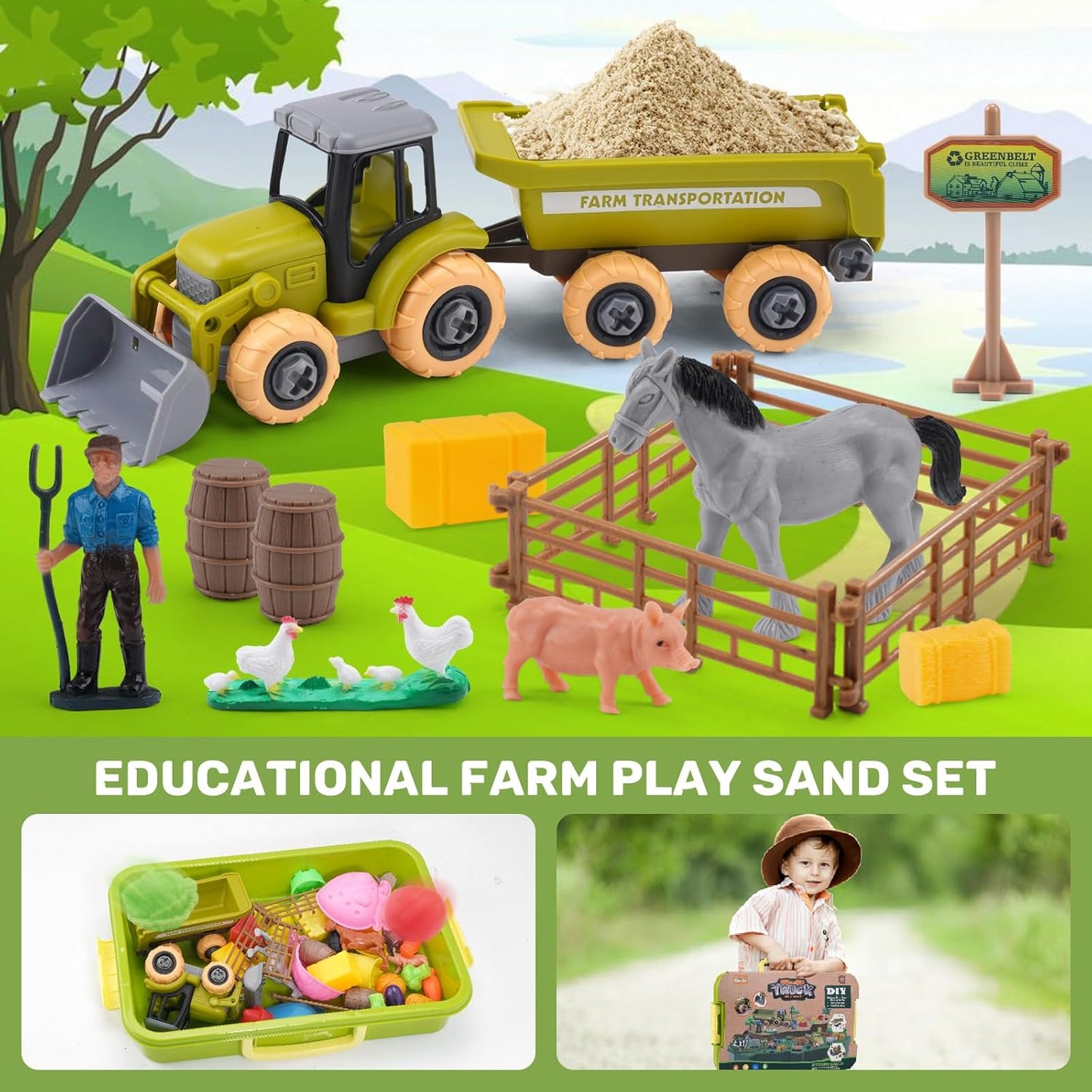 Eaciilee Play Sand Farm Toys, Farm Sensory Bins with 2.2lb Magic Sand, Animal, Take Apart Excavator Trailer Playset, Creativity Sandbox Toys with Lid for Kids 3 4 5 6 Years Old