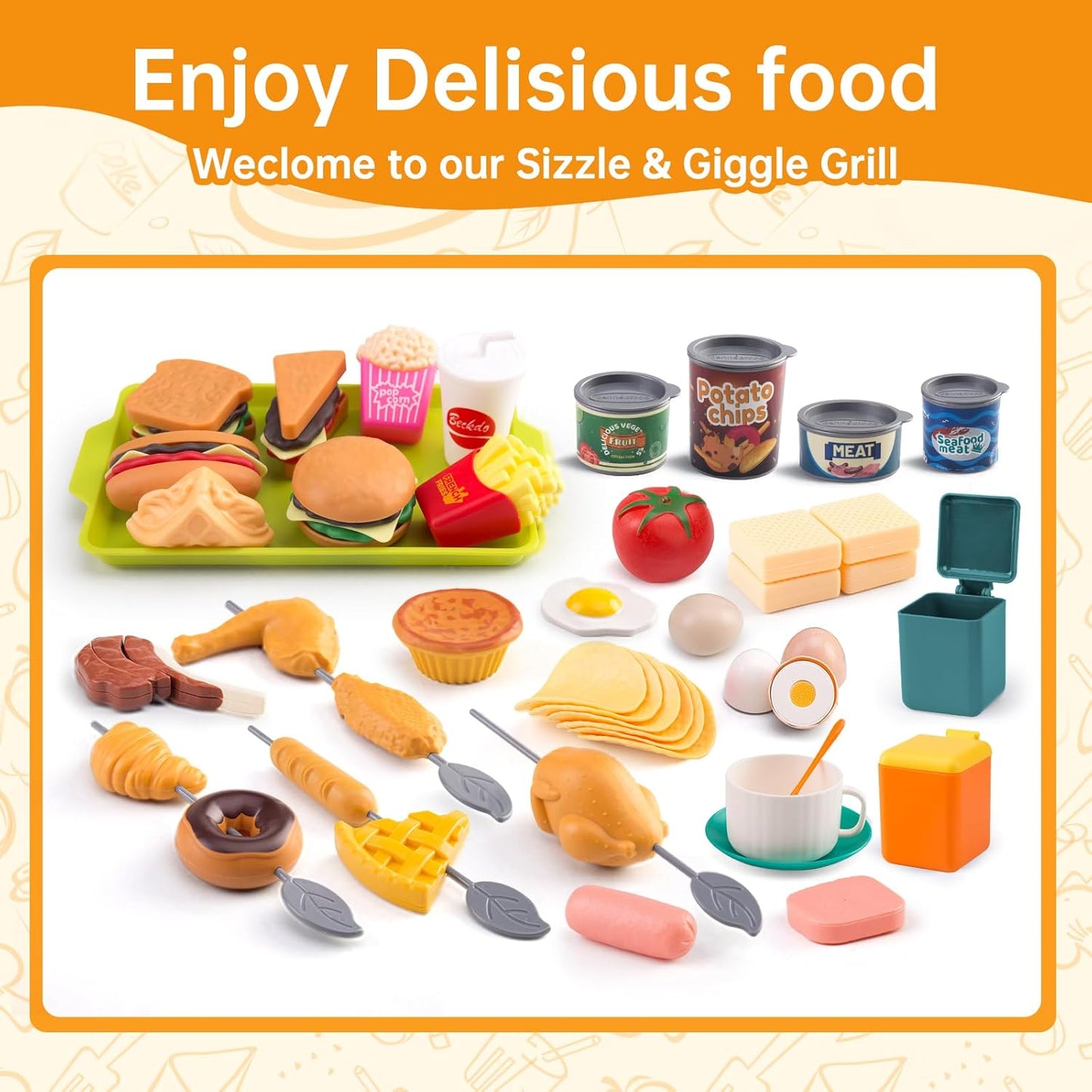 60Pcs Kids Mini Play Kitchen Accessories, Pretend Cooking Play Set with Cookware, Tableware & Fruit & BBQ Sets, Learning Gift for Boys, Girls, Toddlers,Yellow