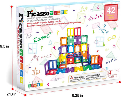 PicassoTiles 42pcs Magnetic Tiles Magnet Blocks See-Through Shape STEM Toys Building Block Educational Playset Compatible with Major Brand Tile -Starter Set for Boys and Girls Toddlers Ages 3+ PT42