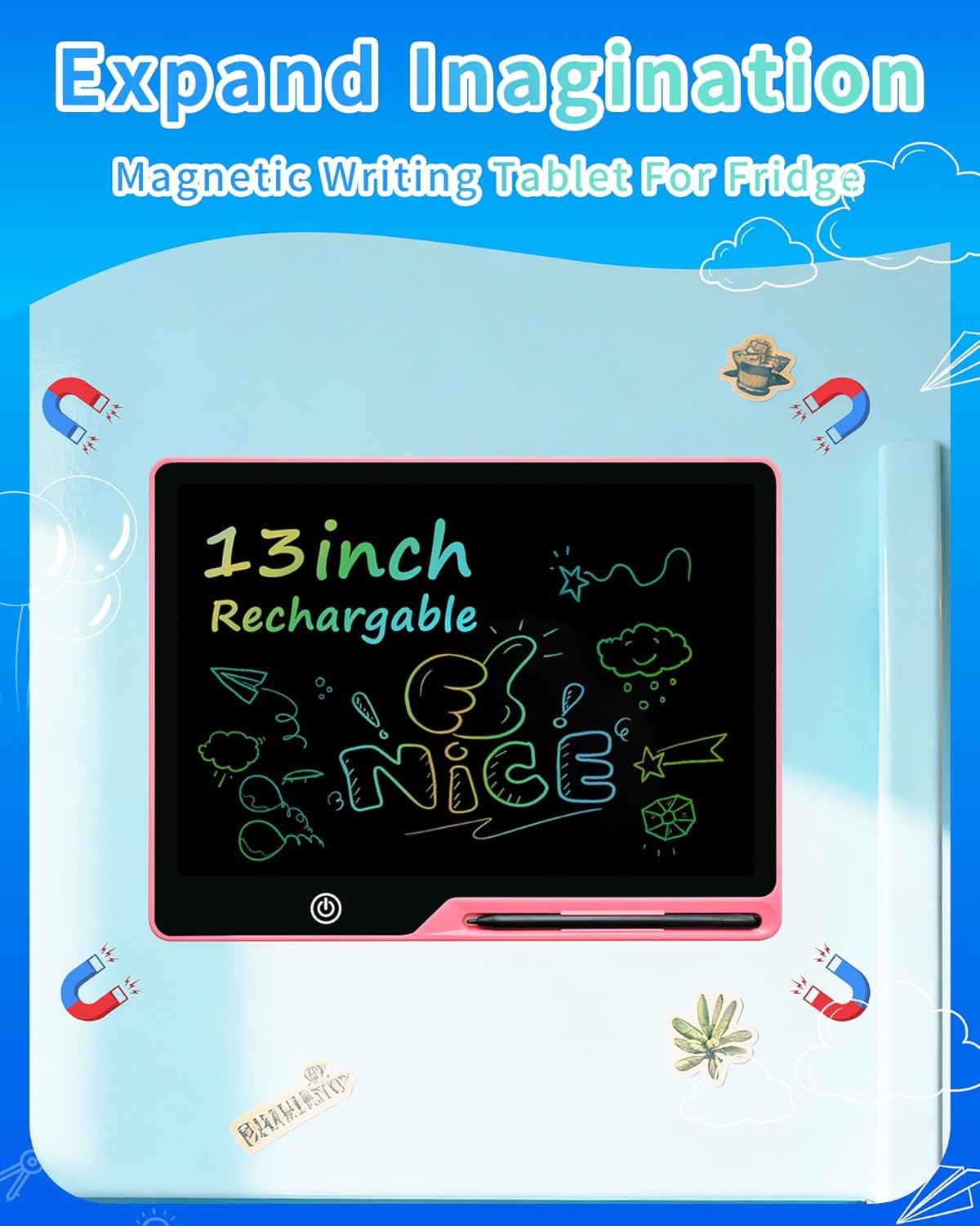 Magnetic LCD Writing Tablet for Fridge, 13 Inch Writing Tablet for Kids, Toddler Drawing Pad, Learning Toys for Boys Girls Ages 3.4.5.6.7.8, Writing Board for to-Do Lists and Family Messages (Blue)
