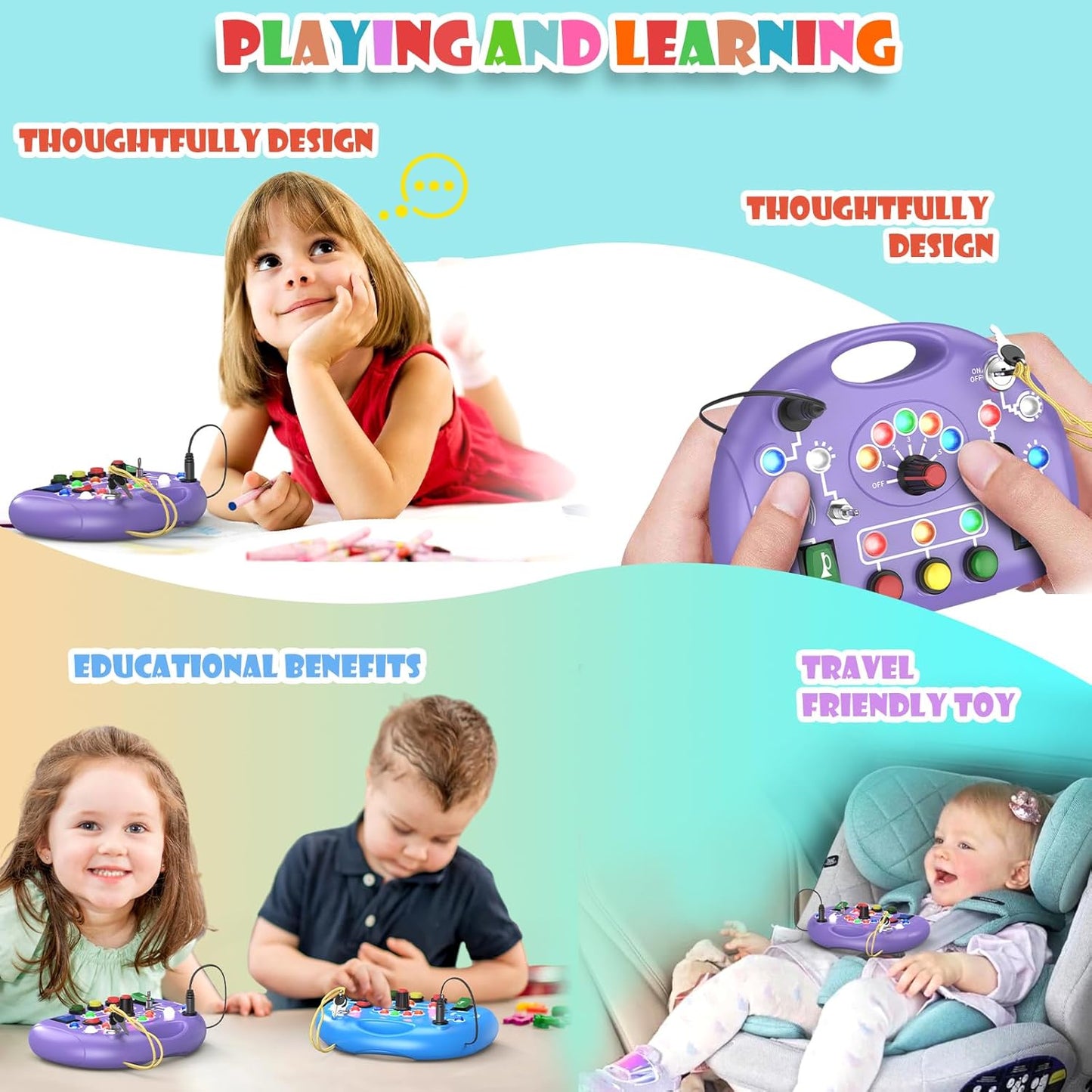 Montessori Busy Board with LED Light for Toddlers 2-4 Year Old, Sensory Toys with Sounds & Switches, Car Driving Travel Toys for Kids, Preschool Busy Book Boy and Girls Birthday Gifts (Pink)