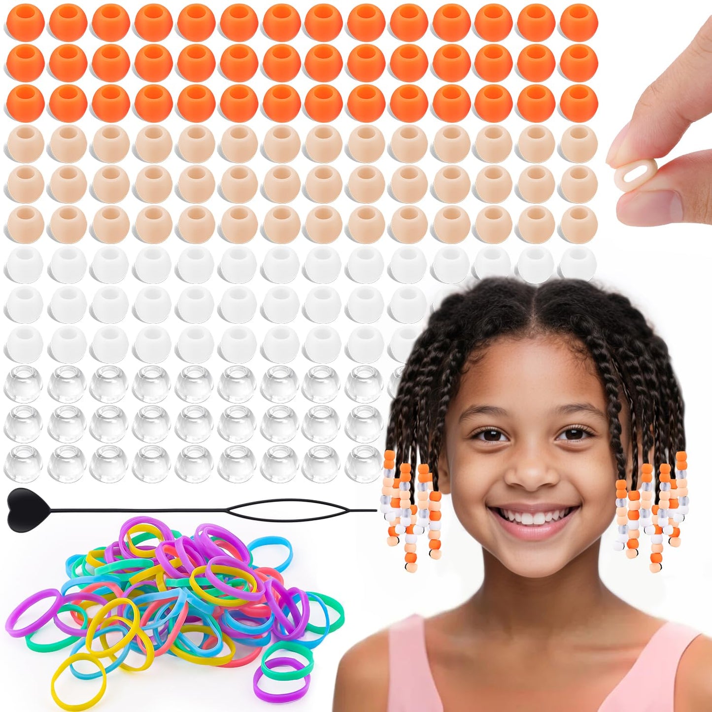 150Pcs 10mm Small Silicone Beads for Hair Braids, Soft Jellyish Pony Hair Beads with 5mm Hole + 50 Rubber Bands and 1 Beader for Braiding, DIY Bracelets Necklaces Crafts (Pink)